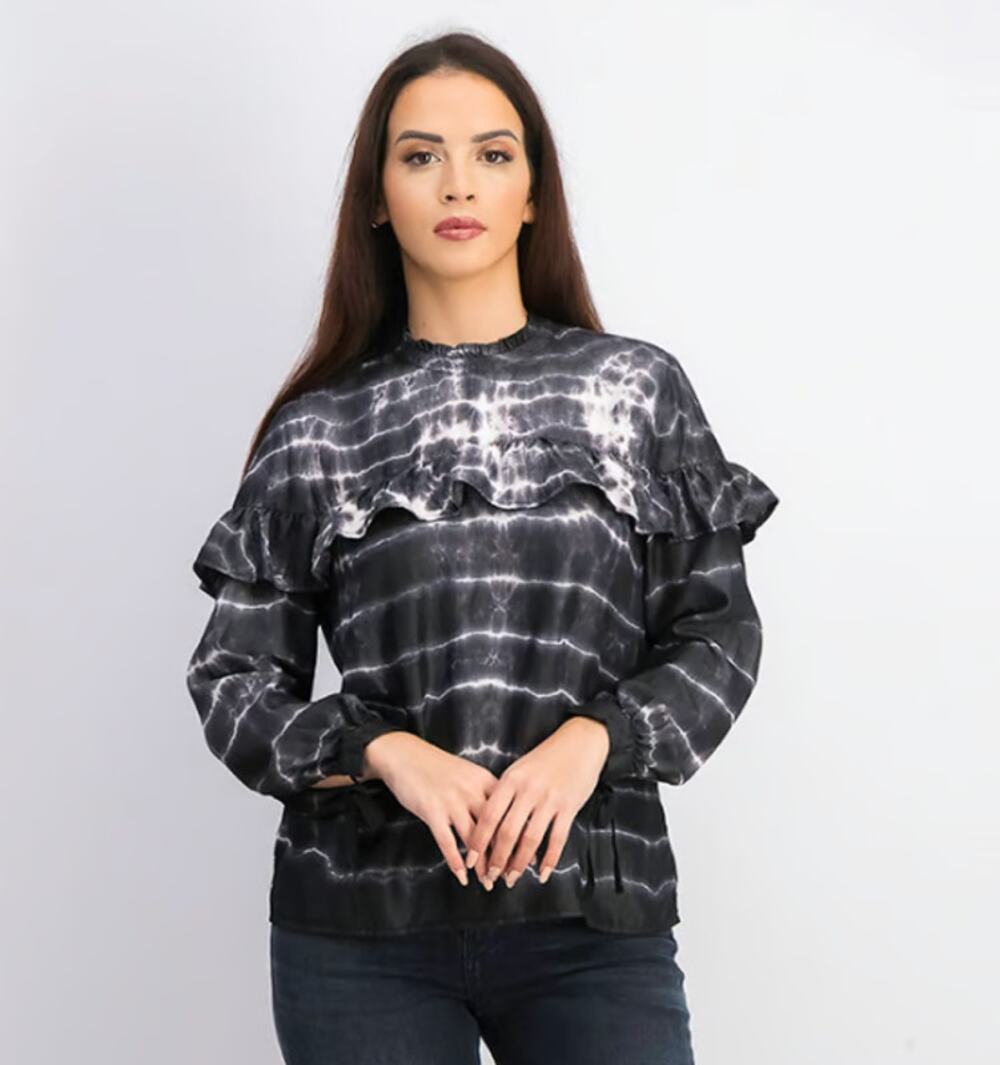 MANGO Navy Tie Dye Ruffle Long Sleeve Knot Wrist Blouse M Feminine Trendy